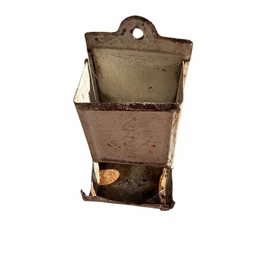 Antique Metal Wall Mount Match Holder Primitive Tin Match Safe Farmhouse Patina